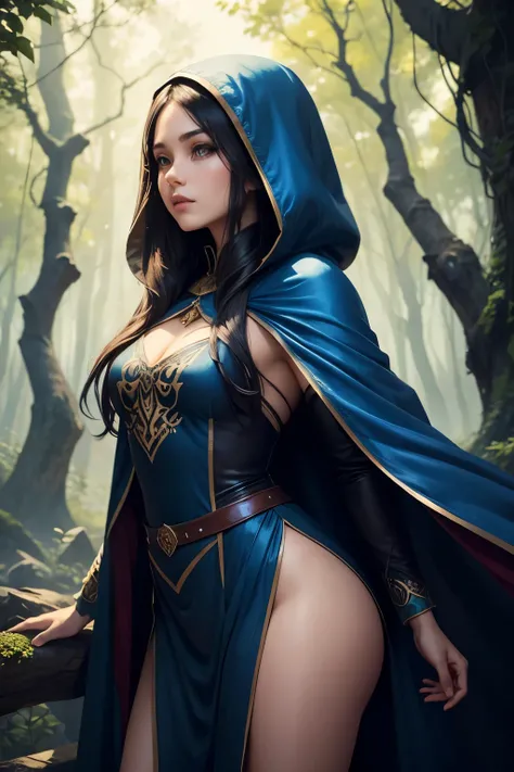 beautiful woman elf,up to the waist,wearing a hooded cloak,magic,on the background of the elven forest,long black hair,bright colors,beautiful angle,spectacular pose,beautiful,aesthetic