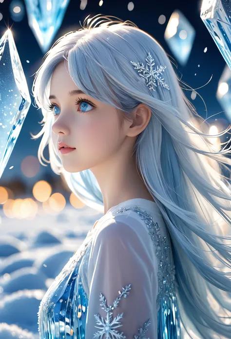 beautiful, a little girl, in the crystal and ice area , fluttering ice and snowing, ice crystals, streaked hair, sliver hair, sk...