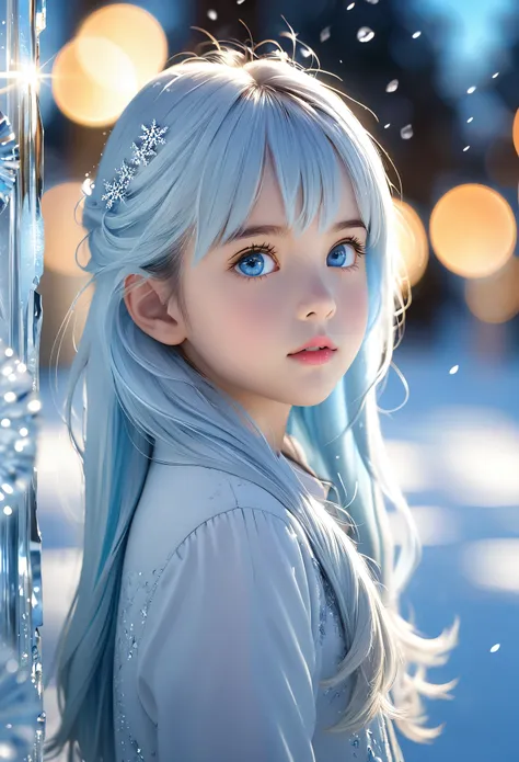 beautiful, a little girl, in the crystal and ice area , fluttering ice and snowing, ice crystals, streaked hair, sliver hair, sk...