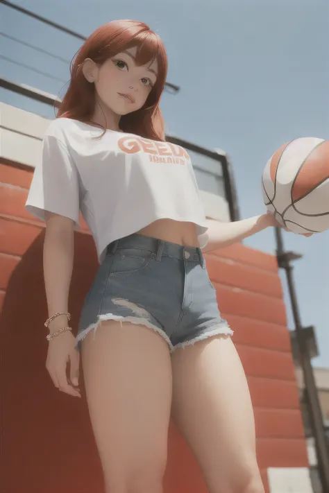 girl, 1.65 m, physique: slim, tall, athletic. Hair: red, long and wavy. Eyes: light blue. Skin: white with freckles. Wearing denim shorts and a plaid blouse. With a grimace. Holding a basketball.