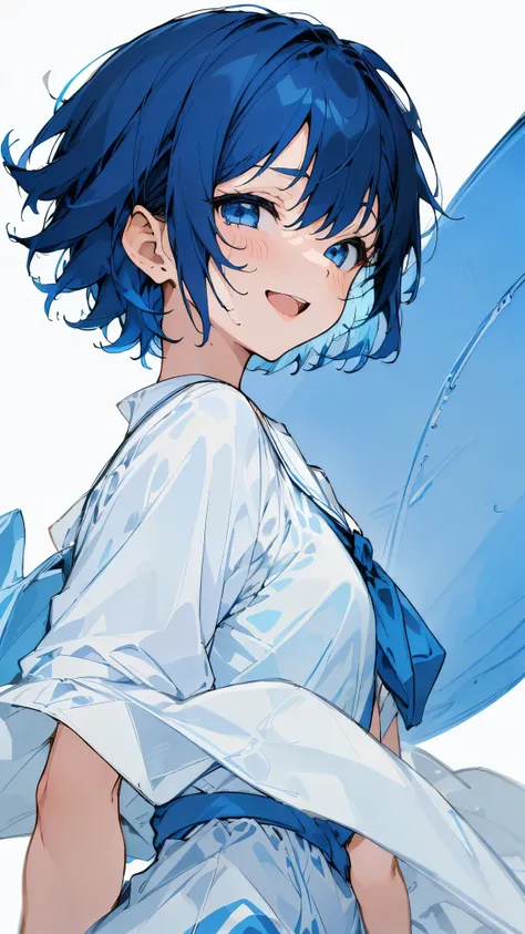 One Girl, solo, Short hair like a boy、Dark blue hair、Light blue hair band:1.2、blue eyes, Laughter, White Dress, Line art, From the side、Upper body close-up、Simple Background, White background,