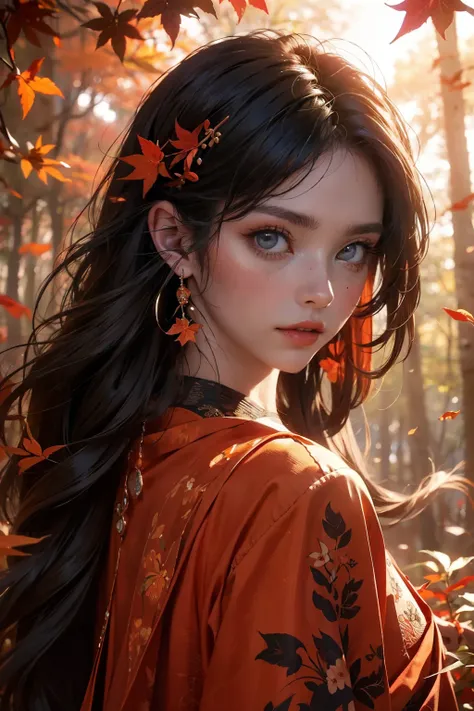 Create an ultra-detailed and best-quality fantasy masterpiece. Illustrate a stunning wood faerie standing in the heart of a magical forest. The scene should feature detailed leaves in vibrant oranges and reds floating through the air, swirling in a strong ...