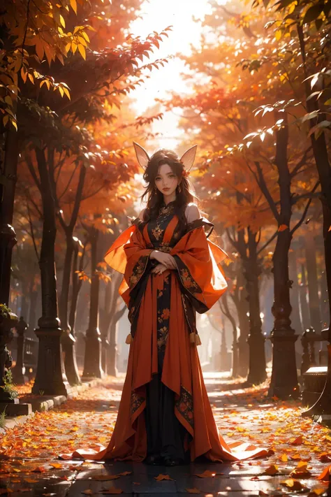 Create an ultra-detailed and best-quality fantasy masterpiece. Illustrate a stunning wood faerie standing in the heart of a magical forest. The scene should feature detailed leaves in vibrant oranges and reds floating through the air, swirling in a strong ...