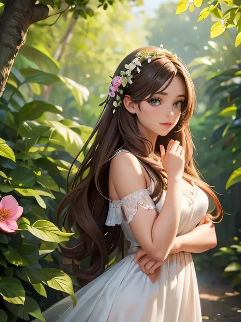 a gorgeous young european woman, 23 years old, standing in a lush summer garden, wearing a flowing white dress, long wavy brown hair, beautiful detailed eyes, beautiful detailed lips, extremely detailed face and skin, longeyelashes, serene expression, sunl...