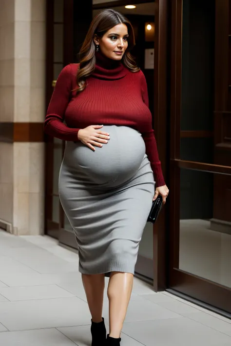 fine art portrait of a very elegant 40yo lady, curvy hourglass figure, ((very huge pregnant belly)), walking down stairs in the city center, highest quality, sexy face high resolution, Eleonora Pavinat 40yo woman, wearing a red knitted turtleneck sweater, ...