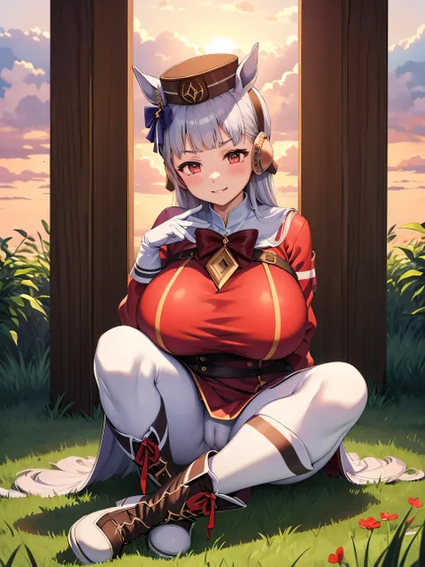 (masterpiece, Highest quality:1.2), alone, One girl, umpd gold ship, pillbox hat,Red dress,No sleeve, White Pantyhose, White gloves、boots, Horse tail,、grassland、Nature、blush、LOL、Wow smile、summer、Sunset、(Huge breasts:1.2)、Nipples are visible、Clothes are see...