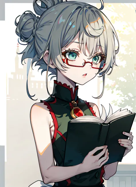 young girl, Gray hair in one bun, Green eyes, red glasses, Green Science Dress, White Elements, Sleeveless, open breasts, book, Masterpiece, hiquality, high detail, HD, 4k