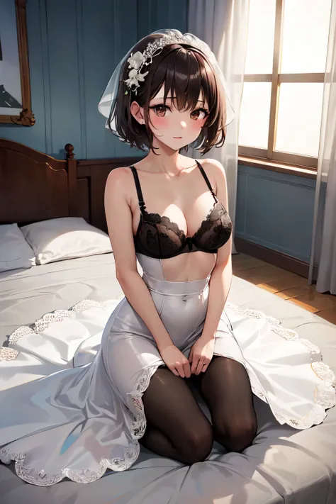 masterpiece, Highest quality, High resolution, One girl, alone, short hair, Brown Hair, Brown eyes, chest, Bedroom、Kneeling、((Wedding dress))、((pantyhose))、(Black Bra)