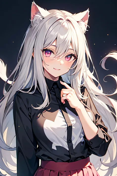 Highly detailed face,fine grain,Sparkling eyes,Highlighted eyes,Medium chest,pretty girl, smile,Longing eyes,Cat ear, Beautiful silver hair,Pink inside,Beautiful pink eyes,Oversized shirt,skirt