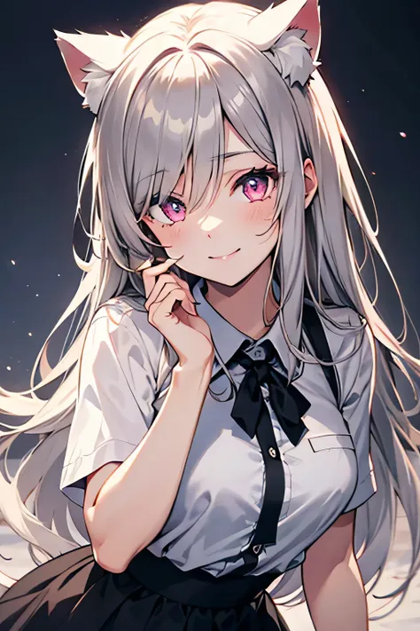 Highly detailed face,fine grain,Sparkling eyes,Highlighted eyes,Medium chest,pretty girl, smile,Longing eyes,Cat ear, Beautiful silver hair,Pink inside,Beautiful pink eyes,Oversized shirt,skirt