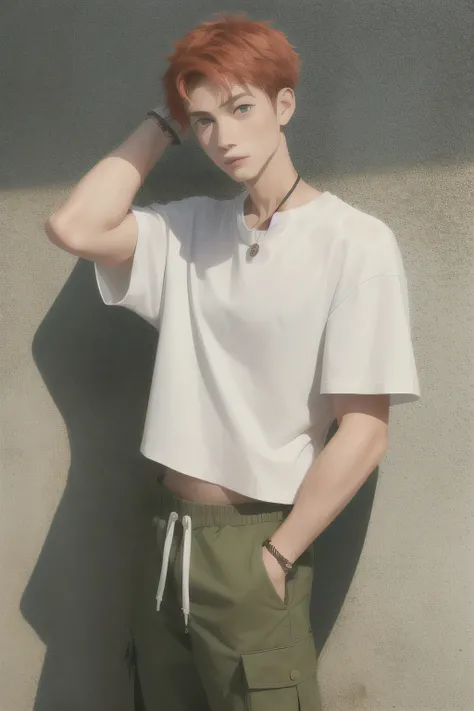 boy, 1.73 m. Physique: thin, tall. Red hair. Green eyes. Skin: white with light bruising. Wearing an oversized t-shirt and cargo pants. Palette hanging around his neck. Holding a guitar.