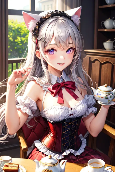 Highly detailed face,fine grain,Sparkling eyes,Highlighted eyes,Medium chest,pretty girl, smile,Longing eyes,Cat ear, Beautiful silver hair,Pink inside,Beautiful pink eyes,Gothic style,At the residence,Show me your face,Big smile,dazzling,happiness,Happy t...