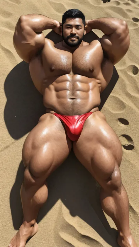 There is only one handsome Asian actor in the photo，35 years old，High target, Fitness，short hair, O-Shaped Beard，Perfect body, Dark skin color，Radiant Skin，Smooth skin，Muscle bulge, muscular, Very large pectoral muscles，Very sexy abdominal muscles，Very wel...