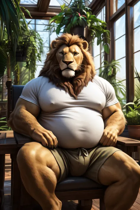 lion, male, long blond mane, correct and extremely detailed eyes, feral legs, non-feral body, just realistic feral legs, long fur, heavy body hair, extremely obese lion, extremely large and fat belly, in very tight shirt, very cargos  tight and tight, sitt...