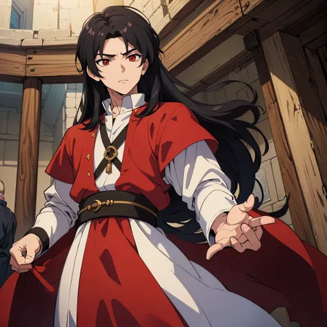 (Masterpiece artwork, best qualityer: 1.2) alone, Anime boy, black hair , red eyes , medieval clothes