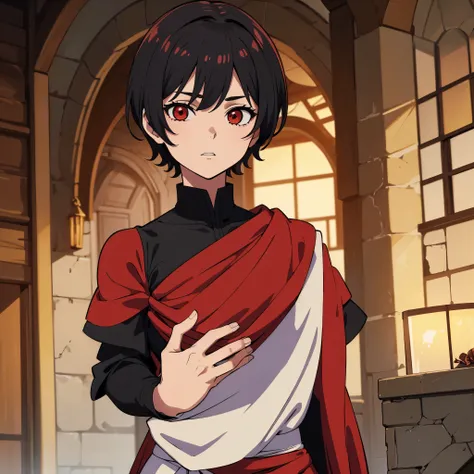 (Obra-prima, melhor qualidade: 1.2) alone, Anime boy, black short hair , red eyes , medieval clothes