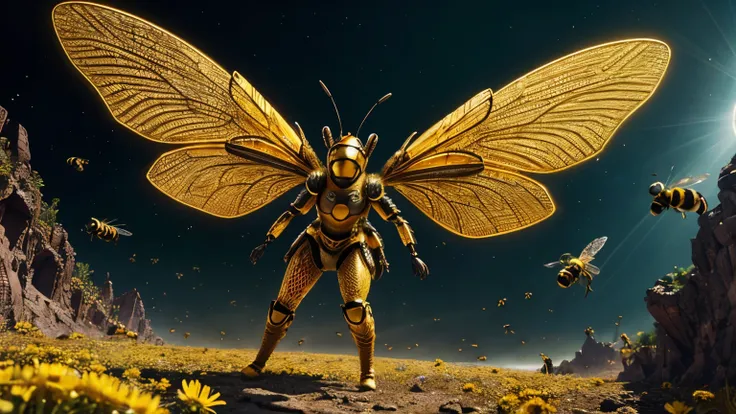 14-year-old girl,full body bee armor,wings,flying,highly detailed insect-like exoskeleton,intricate bee-themed design,glowing stinger,golden honeycomb patterns,buzzing sound effects,swarm of bees,fantasy landscape background,dramatic lighting,cinematic com...