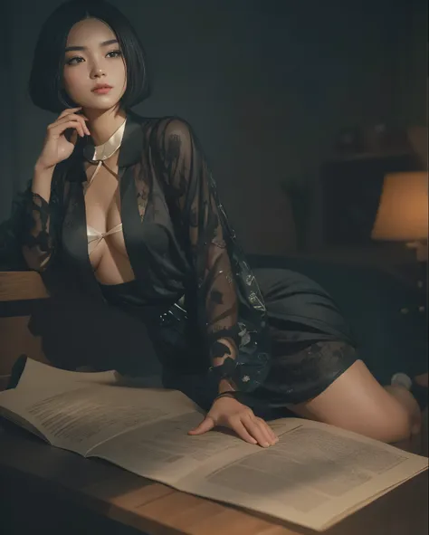 (Best quality, 8k, 32k, Masterpiece, UHD:1.2) "Generate a captivating artwork featuring a young Japanese girl model with short, sleek black hair styled in a chic bob haircut. Envision her bathed in dramatic cinematic lighting, creating an atmosphere of all...