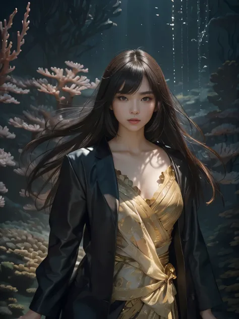 (Best quality, 8k, 32k, Masterpiece, UHD:1.2) "Generate a captivating artwork featuring a young Japanese girl model with short, sleek black hair styled in a chic bob haircut. Envision her bathed in dramatic cinematic lighting, creating an atmosphere of all...