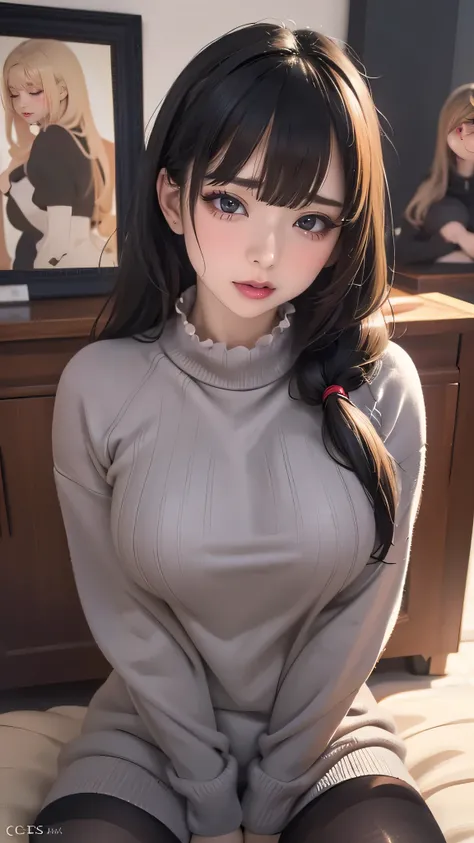 virgin destroyer sweater,black pantyhose,spread legs,high school girl,(Thin type),(large breasts),(random hairstyle),(Highest image quality, (8K), Ultra-realistic, Best Quality, High quality, High Definition, high quality texture, high detailing, Beautiful...