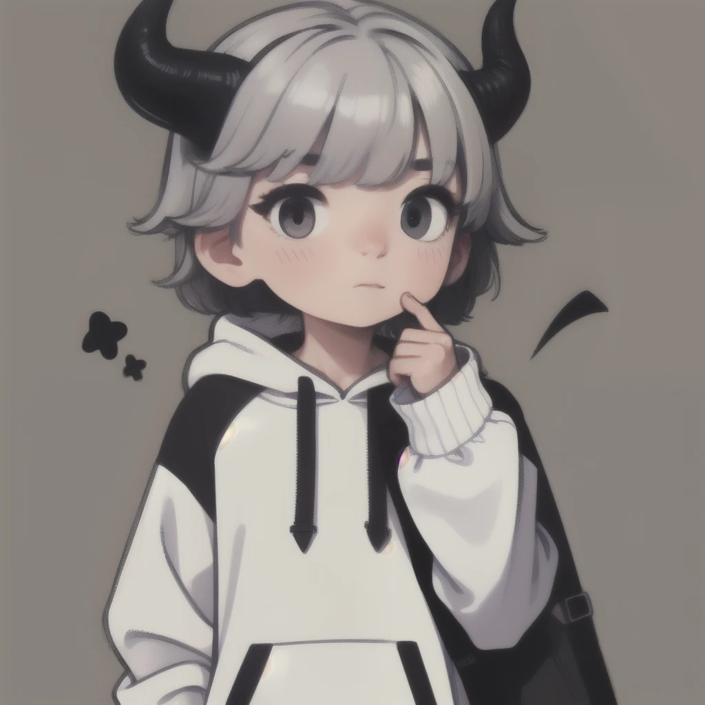 boy, white, with gray hair, wearing a white hoodie and black demon horns, thinking.