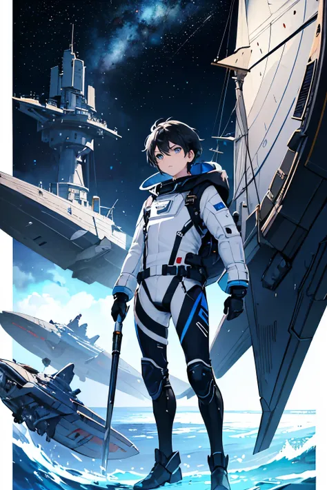 Prompt: (masterpiece), best quality, expressive eyes, perfect face,(((boy))),black hair,blue eyes, fleet, flying ship, space suit, spaceship, full body, look up, characters from the ground,