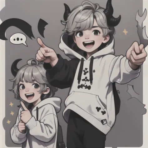 boy, white, with gray hair, wearing a white hoodie and black demon horns, laughing a lot, pointing.