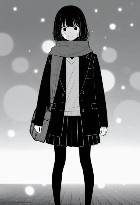 masterpiece, best quality, 1girl, mamerakkkkko, grayscale, manga style, japanese, chi no wadachi, black eyes, street, iced, black hair, schoolbag, smile, lineart, black coat, black scarf, black pleated skirt, leggins, centered, 18 years old, tall, fair ski...