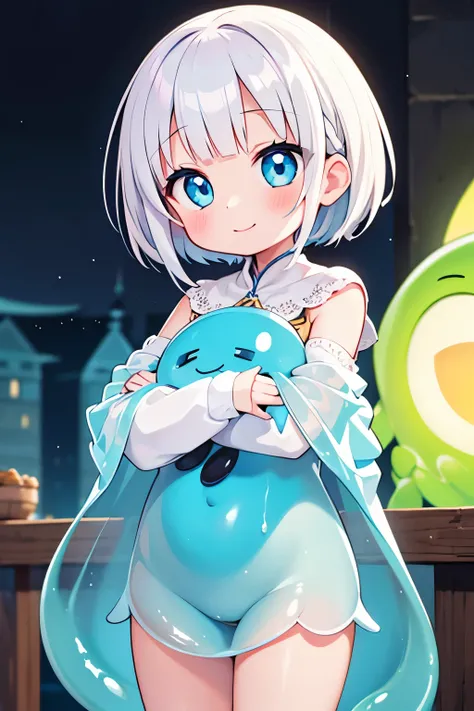 Girl smiling brightly,animated movie,Lori,White_hair,blue_eye,Bridge_hair style,short hair,Curious girl,Slime_In your arms_hug,두려운Slime,Apprentice Wizard_Costume,5 year old body type