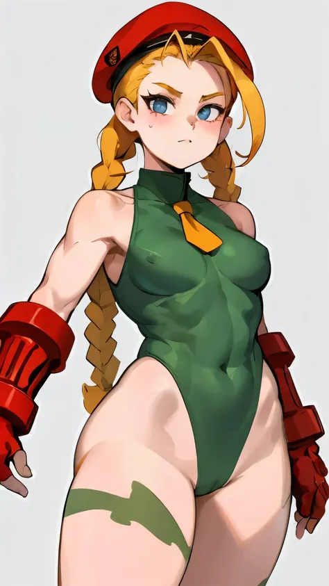 master part, best quality, highres, 1girl, Cammy branco, twin braids, long  hair, blonde hair, antenna hair, red beret, (Red Head Outfit:1.3), blue colored eyes, scar on cheek, green leotard, breasts big, sleeveless, red gloves, gloves fingerless, camoufla...