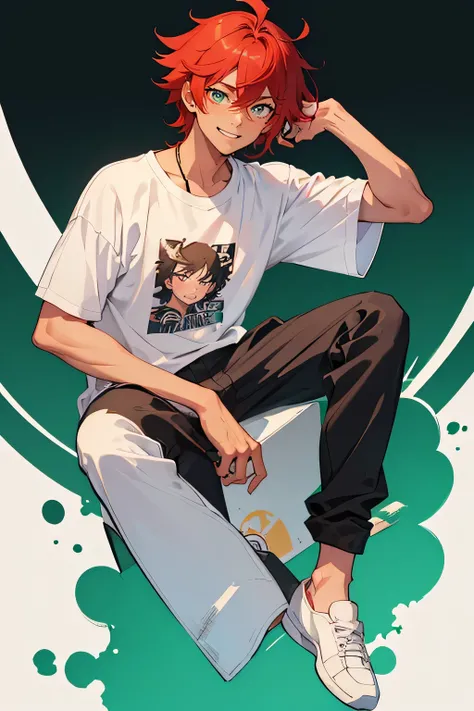 1 boy, anime style photo of suhuu suhas, anime boy with red hair, tanned skin, green eyes, slick back hair, smile expression, doodle background,white t shirt, black shorts, white shoes, full body shot,  messy hair 