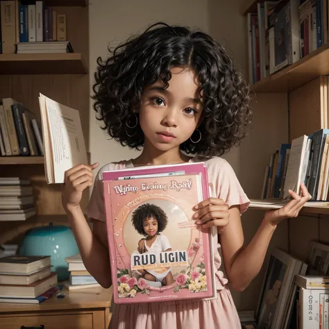 a black girl with curly hair writing a book and the things she is writing are coming out of the book like lights 