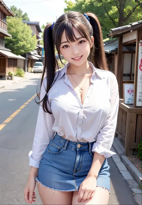 (Highest quality,masterpiece:1.3,Ultra-high resolution),(Very detailed、Caustics) (Realistic:1.4, RAW shooting、)Ultra-Realistic Capture、Very detailed、Natural skin texture、masterpiece、(Japanese woman wearing a satin shirt and jeans mini skirt:1.3), Adorable ...