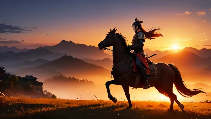 (Sunrise Time), dawn, Three Kingdoms, Cavalry, landscape, Brave, Hall々, Magnificent Mountain々, Spreading grassland, Orange light, Soft lighting, traditional armor, flag, detail, Brave, ancient China