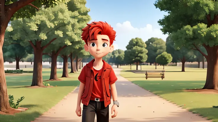 a 15 year old boy with red hair walking in the park