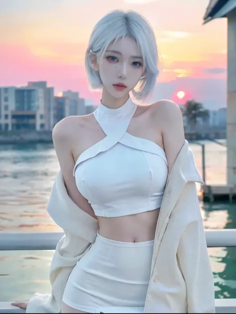 Beautiful woman with perfect figure:1.4，Sunset sky background，Layered Hairstyle，White skin，Prominent cleavage，White bikini:1.5，White ultra-short pleated skirt，whole body，Very delicate face and skin texture，Double eyelids，Skin Whitening，Long white hair