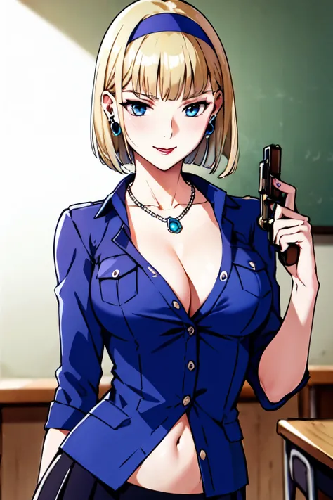 blonde hair,blue_eyes,bob cut, blue_hairband,very_long_hair,floating_hair,  blush, lipstick, masterpiece, best quality, ((unbuttoned , cleavage, necklace, earrings, sexy body, breasts)) , micro skirt, smiling, navel , exposed belly, exposed navel,,school, ...