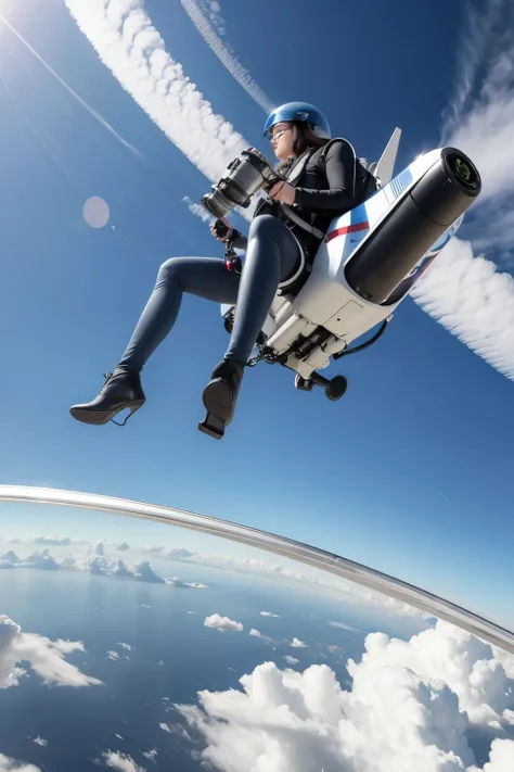 person flying with a jetpack in the shape of an hairdryer