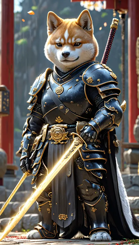 shiba inu samurai,whole body, he has a japanese sword charged with lightning., wearing black armor and hakama haori, japanese te...