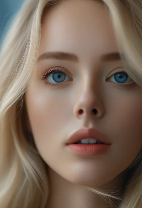 cinematic, still, bellissima 1girl, solo, long hair, looking at viewer, blue eyes, blonde hair, parted lips, blurry, lips, eyela...