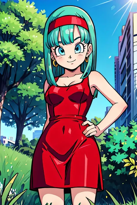 (masterpiece:1.2),( high quality:1.1), bulla, long hair, straight hair,bangs, aqua hair, blue eyes, mascara, red hairband, earrings, red bodycon dress, sleeveless, city park, trees, grass, sunshine, seductive smile, background,(looking at viewer, standing ...