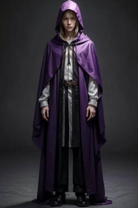 Male character height 1,62. malnourished weighing 42kg shoulder-length violet hair with blonde highlights and torn hermit-style clothing with a thin cloak and hood