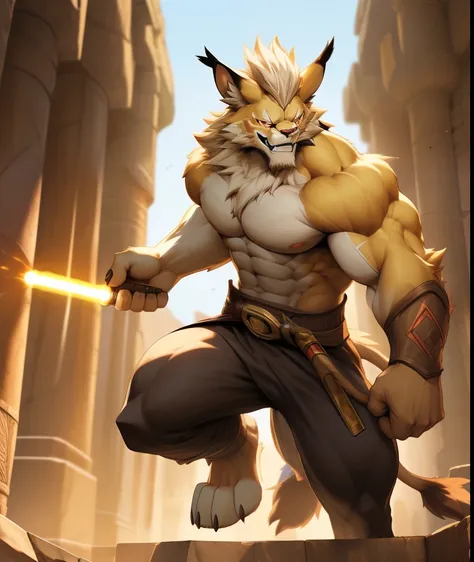 nj5furry, (Leomon, massive, huge), Leomon, ((extremely realistic shadows, masterpiece, extremely detailed, photorealistic)), kemono, the fur on his torso and thighs is the same color as the fur on his back, (((LIGHT BROWN FUR))) Leomon, ((detailed face)) r...