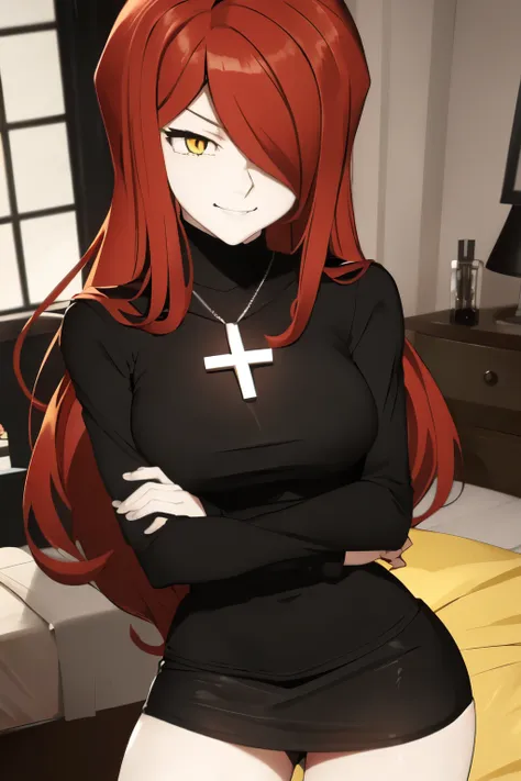 parasoul, parasoul (skullgirls), yellow eyes, inverted cross pendant, silver pendant, black turtleneck sweater, black miniskirt,...