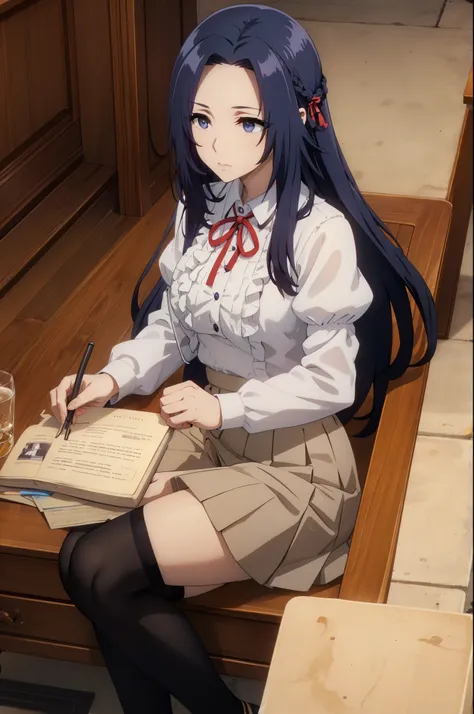 shirt, long sleeves, ribbon, closed mouth, , white shirt, pleated skirt, frills, puffy sleeves, brown skirt, black thighhighs, red ribbon, neck ribbon,blue eyes,blue hair,
