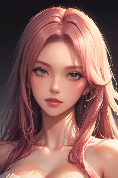 a girl with long pink hair, beautiful detailed eyes, beautiful detailed lips, extremely detailed face and eyes, long eyelashes, cinematic modern side-swept blush lighting, ray tracing, parallel shadow, wide shot, high detail, textured skin, 4k best quality...