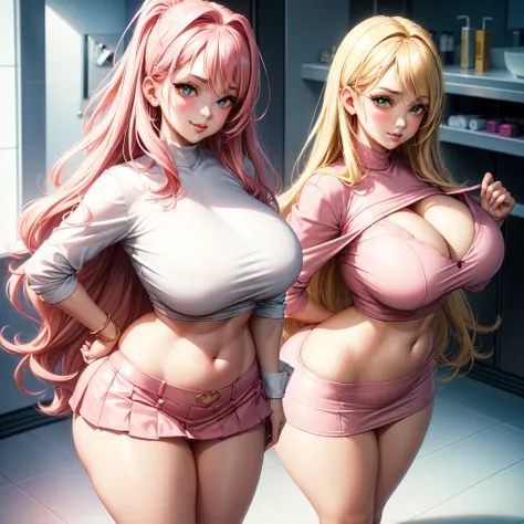 ((1 girls), solo, Big round breasts, trendy, stylish, clevage, thighs, hips, realistic, pink hair, blonde hair, light green eyes, lip gloss, detailed face, amazing big eyes, eye details, big lips, eyebrow details, pink mini skirt, crop top blush, confident...