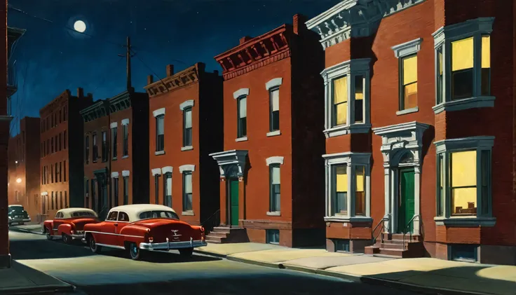 dark chiascuro urban America with red brick ghetto homes at night, 1950ss, by Edward Hopper, best quality, masterpiece, very aesthetic, perfect composition, intricate details, ultra-detailed