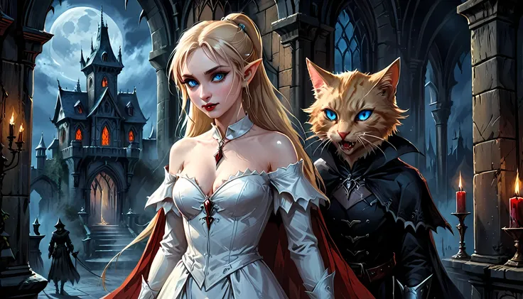 arafed a picture of elf vampire in her castle and her pet epic cat an exquisite beautiful female elf vampire (ultra details, Masterpiece, best quality), bloody mouth blond hair, pale skin, hair in a ponytail, long hair, blue eyes, cold eyes, smirking, wear...