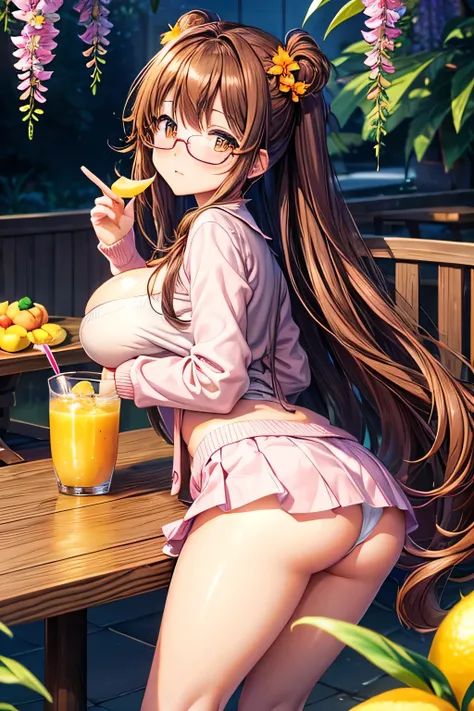 High resolution, high quality, One girl, Anime Girls,Brown long hair, Brown eyes, Green glasses,heart shaped pupils,Sunburned skin, Large Breasts,beautiful breasts,pointy breasts,(Big Ass),beautiful ass,Embarrassed,Pink Cardigan,Pink Skirt,lower body,sitti...